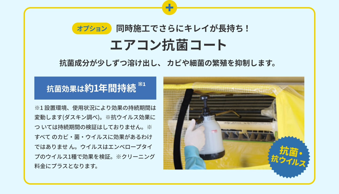 オプションで同時施工でさらにキレイが長持ち!エアコン抗菌コート。抗菌成分が少しずつ溶け出し、 カビや細菌の繁殖を抑制します。